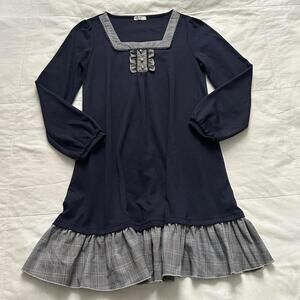 Axes Femme Navy blue long sleeve dress with plaid trim detailing pearl buttons